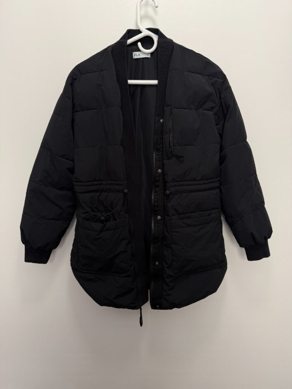 FLX Puffer Jacket Full Zip Hooded Long Quilted Black Women’s XS